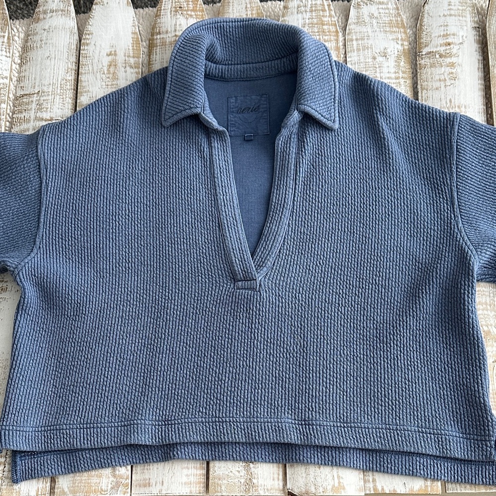Aerie Short Sleeve Polo Sweatshirt Size S Blue